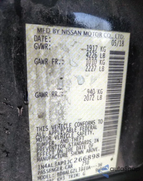 2018 Nissan Altima 2.5 from USA, damaged, VIN 1N4AL3AP1JC266898